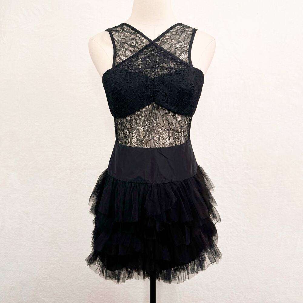 BCBGeneration Lace & Tulle Dress Black Mini Cocktail Party LBD Whimsigoth Size 6 - Picture 15 of 15